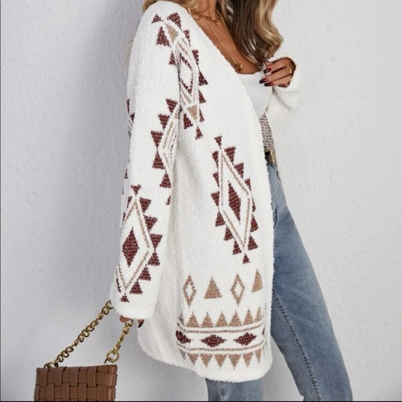 Boho Aztec Geo Knit Open Front Cardigan Sweater - Picture 3 of 5